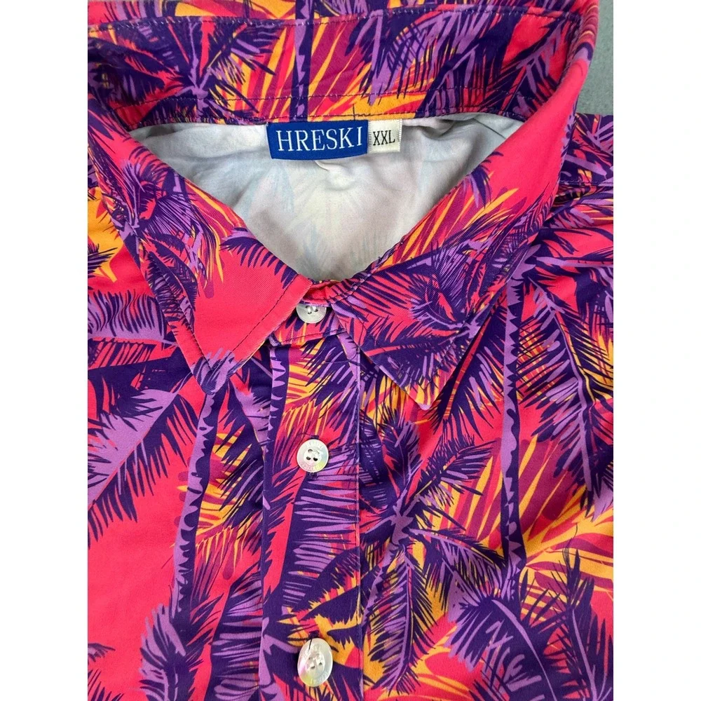 Hreski Polo Shirt Mens XXL Pink Purple Palm Tree Tropical Performance Golf Top